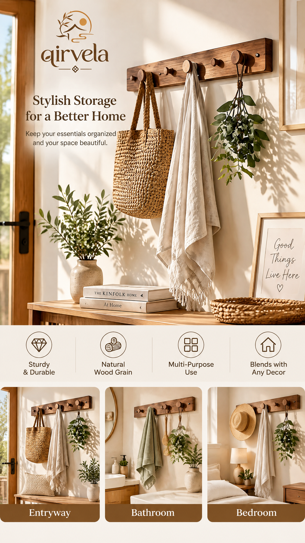 Qirvela Wooden Wall Hook Rack view 2