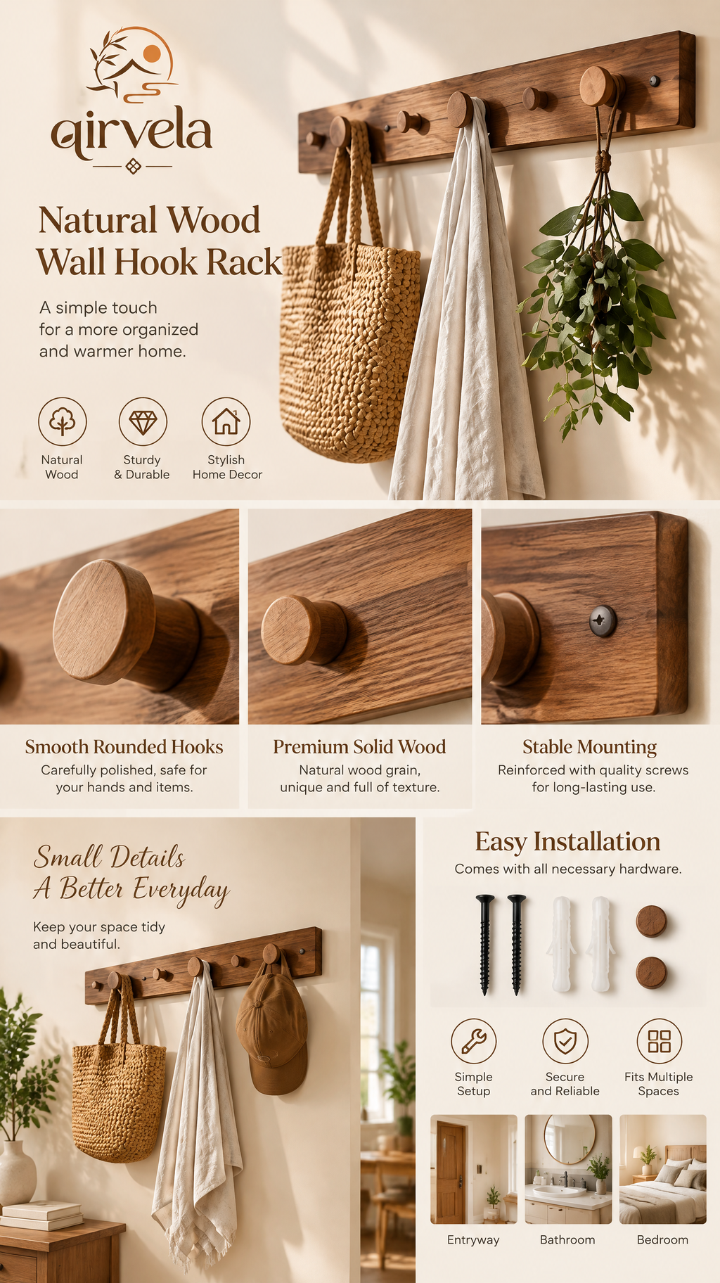 Qirvela Wooden Wall Hook Rack view 3