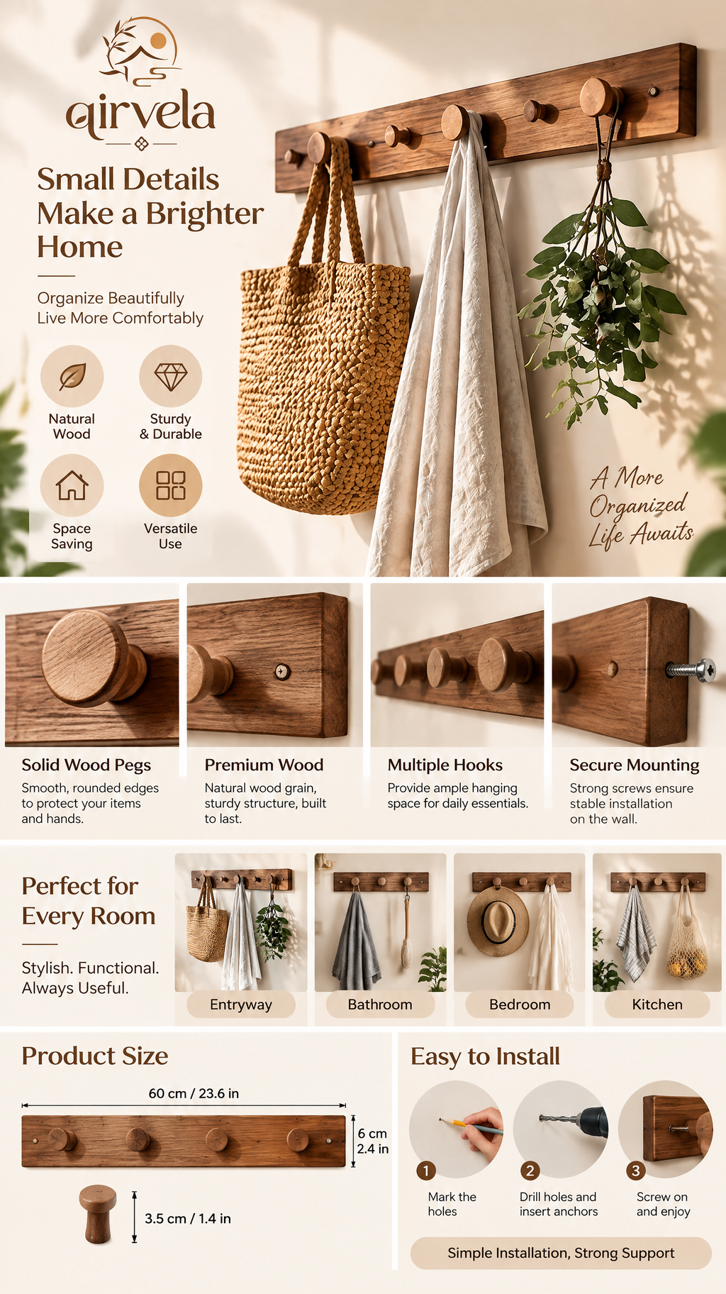 Qirvela Wooden Wall Hook Rack view 4